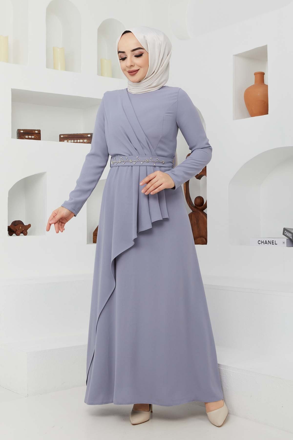 Eylül Krep Elbise - Gri