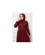 Üstü Pullu Abiye - Bordo