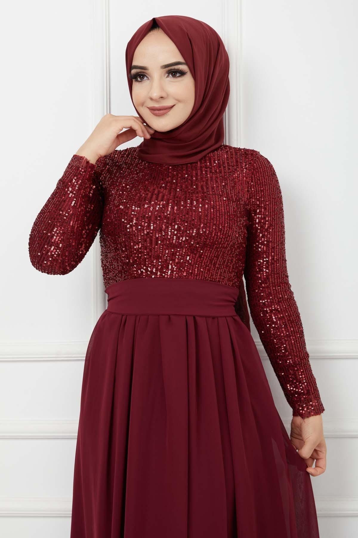Üstü Pullu Abiye - Bordo