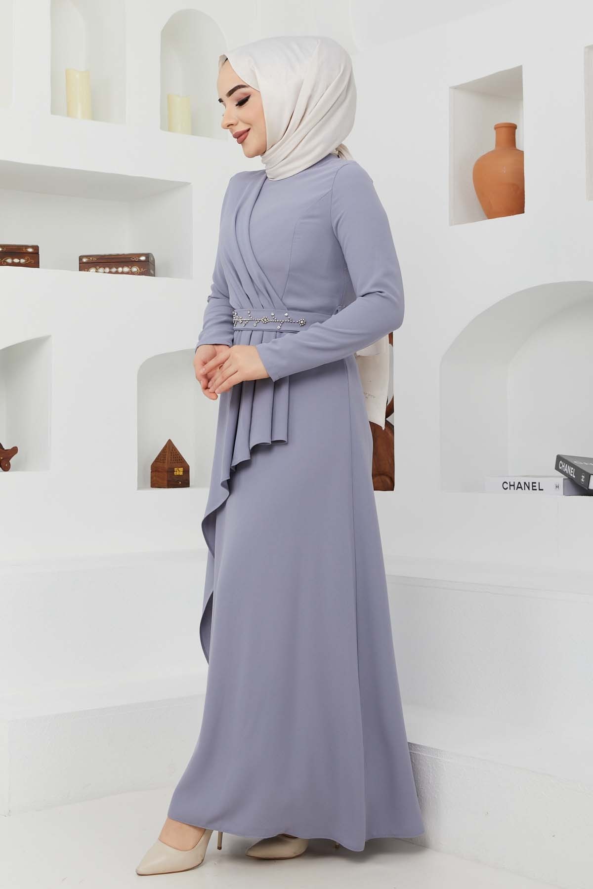 Eylül Krep Elbise - Gri