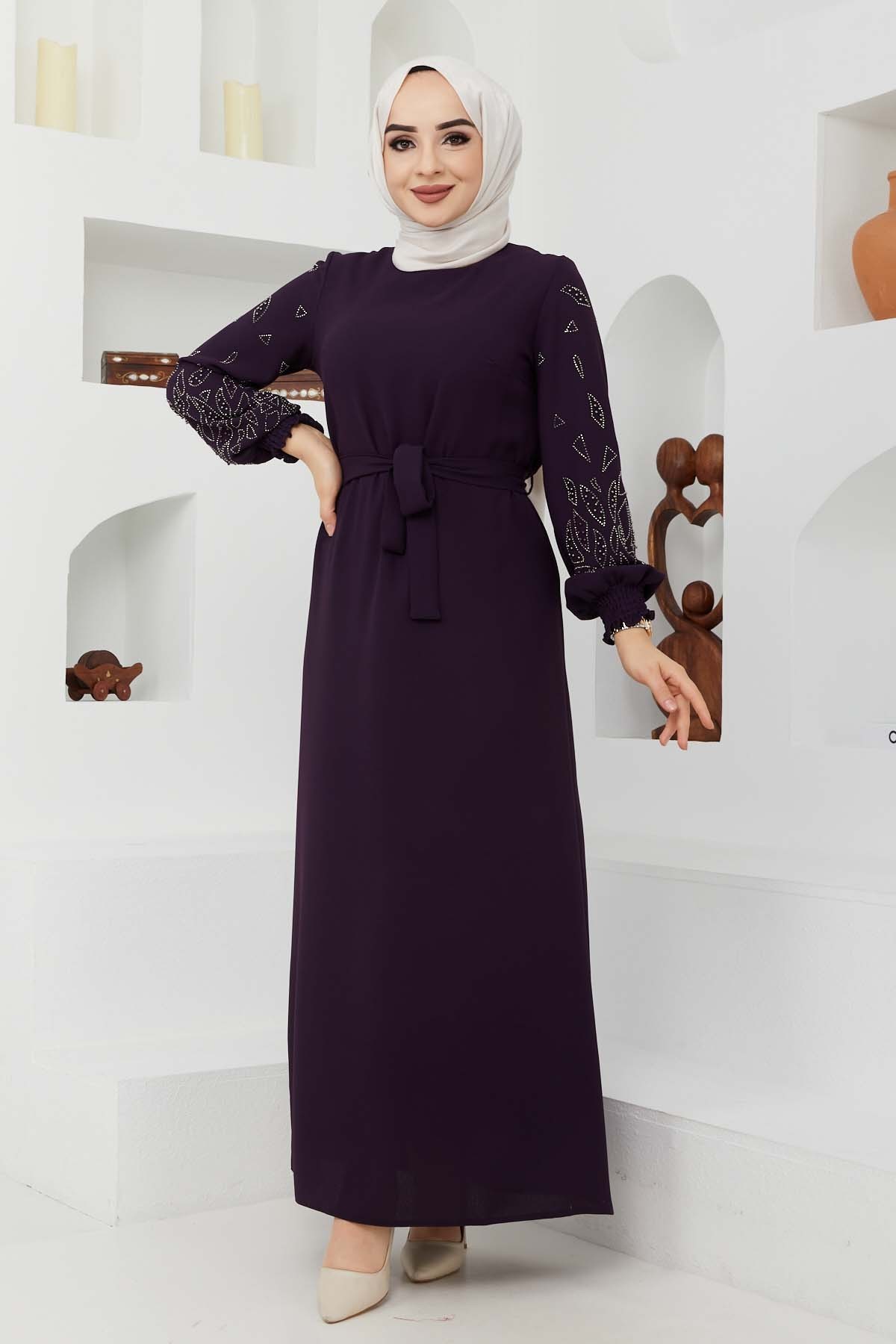 Ecrin Krep Elbise - Mürdüm