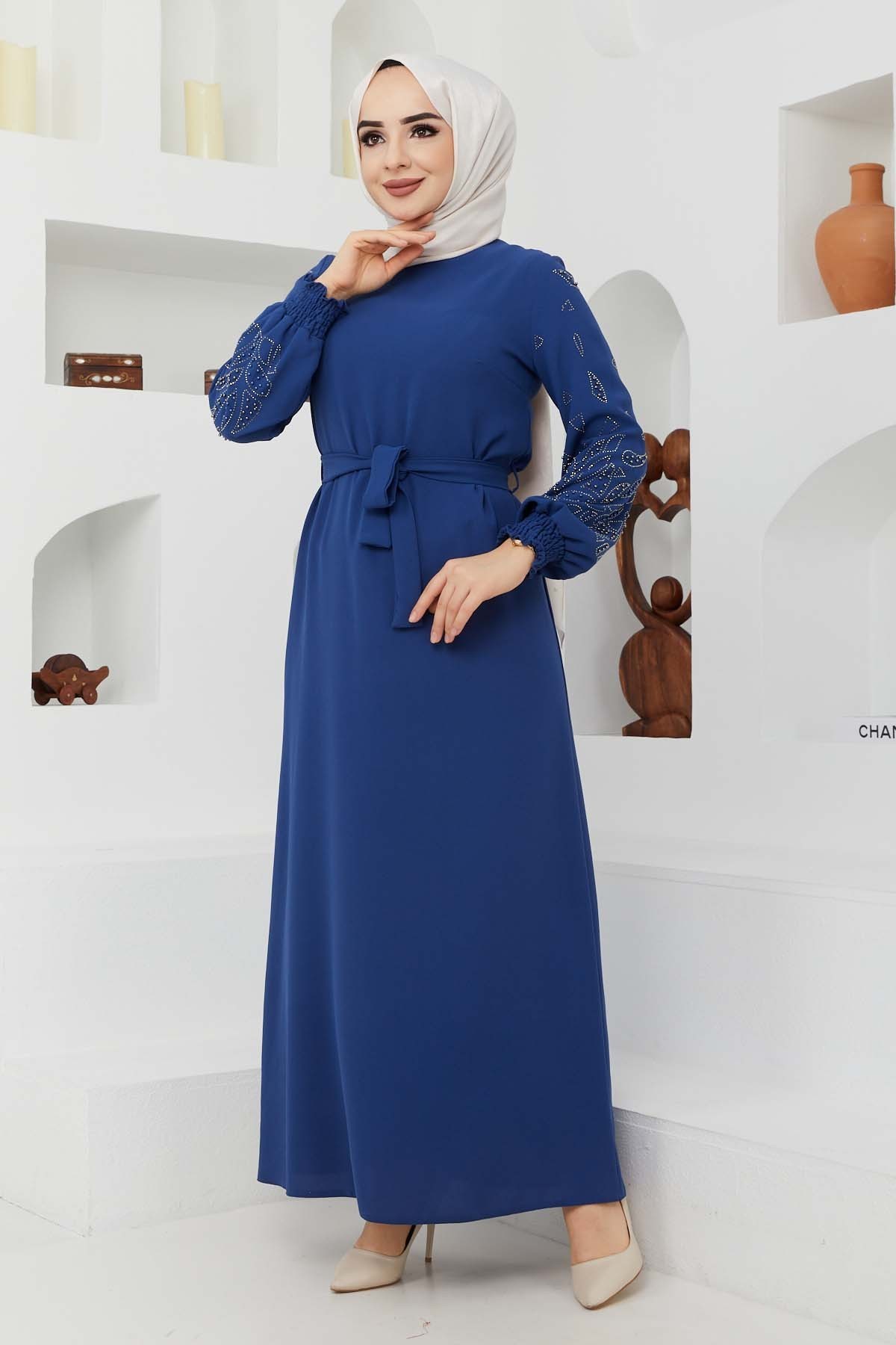 Ecrin Krep Elbise - İndigo