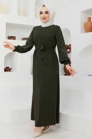 Ecrin Krep Elbise - Haki