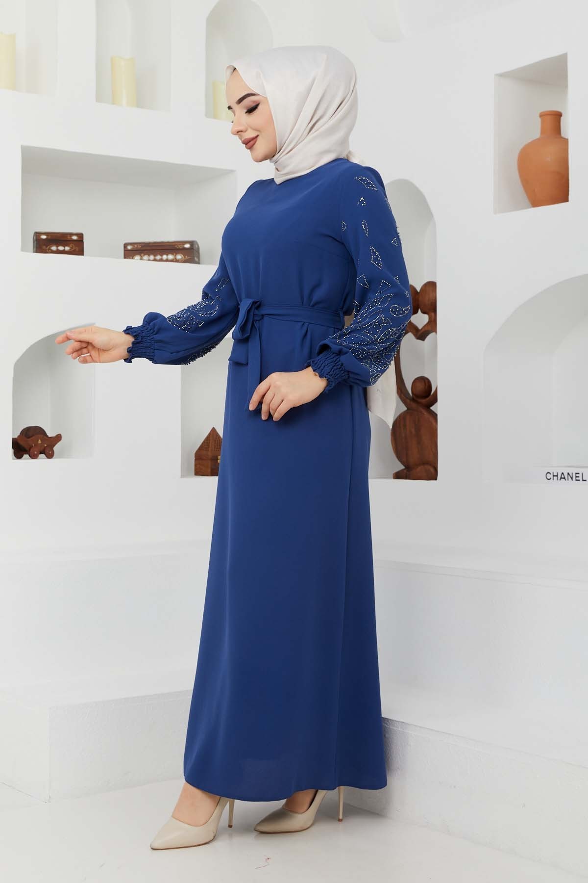 Ecrin Krep Elbise - İndigo