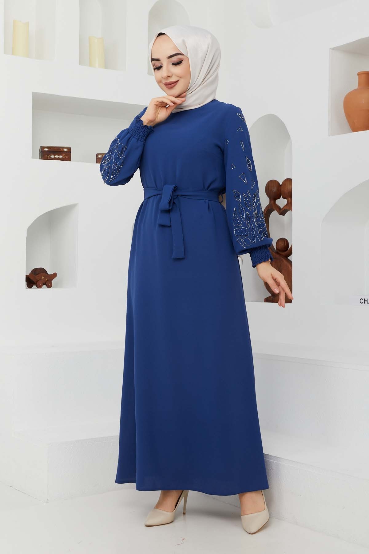Ecrin Krep Elbise - İndigo
