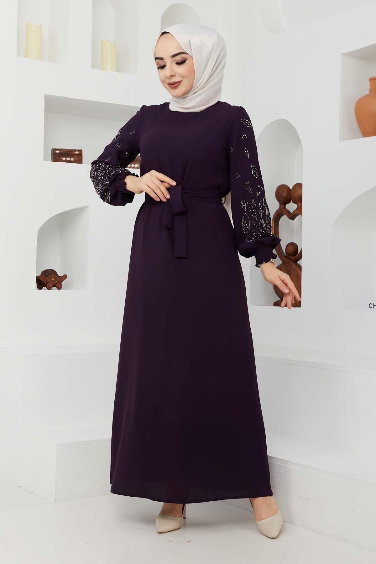 Ecrin Krep Elbise - Mürdüm