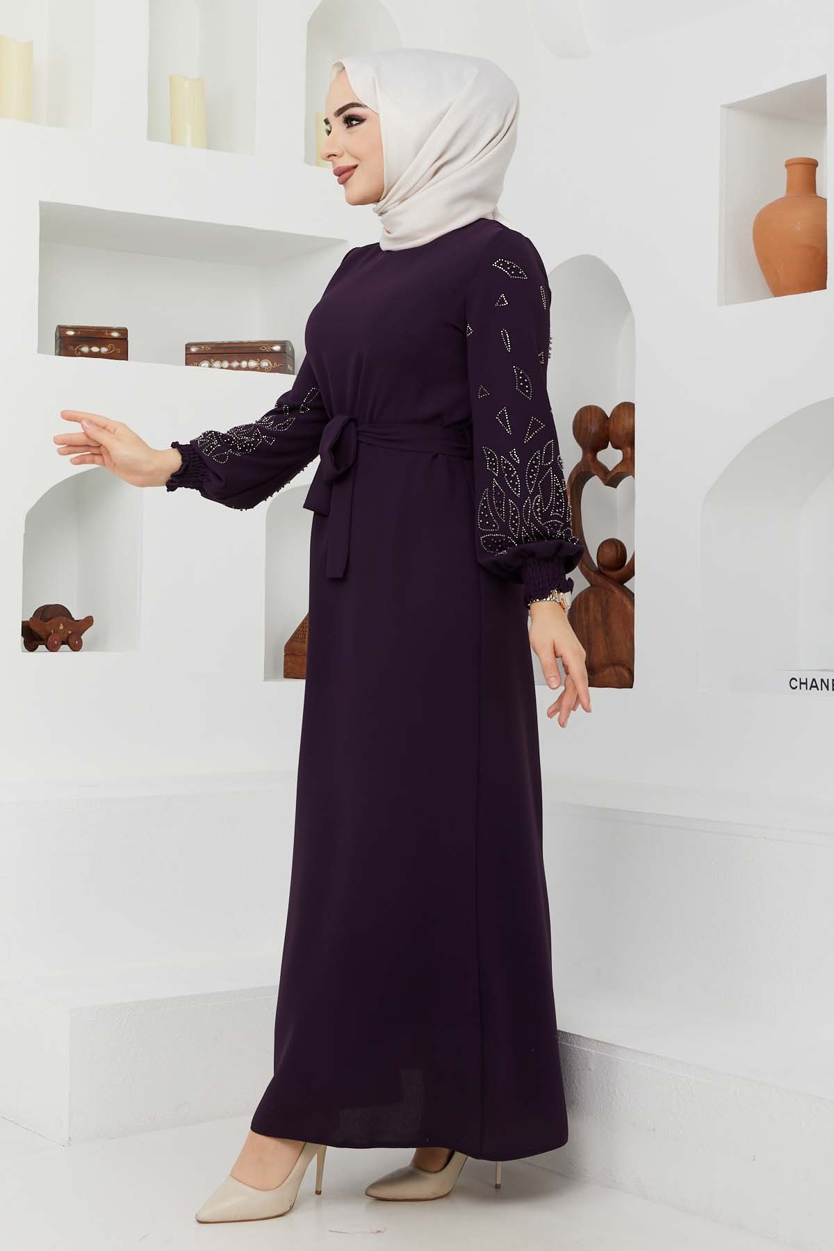 Ecrin Krep Elbise - Mürdüm