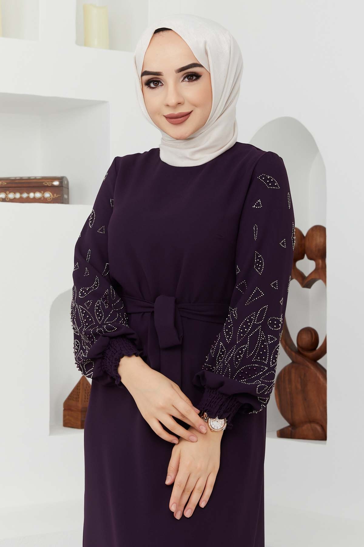 Ecrin Krep Elbise - Mürdüm