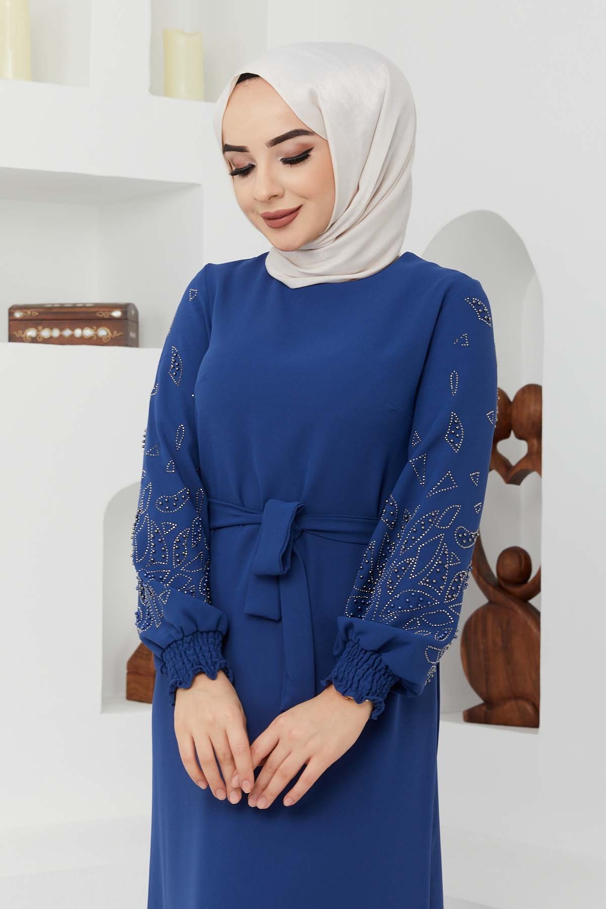 Ecrin Krep Elbise - İndigo