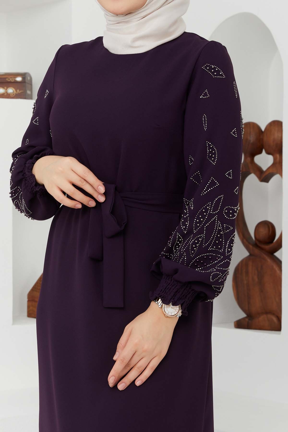 Ecrin Krep Elbise - Mürdüm