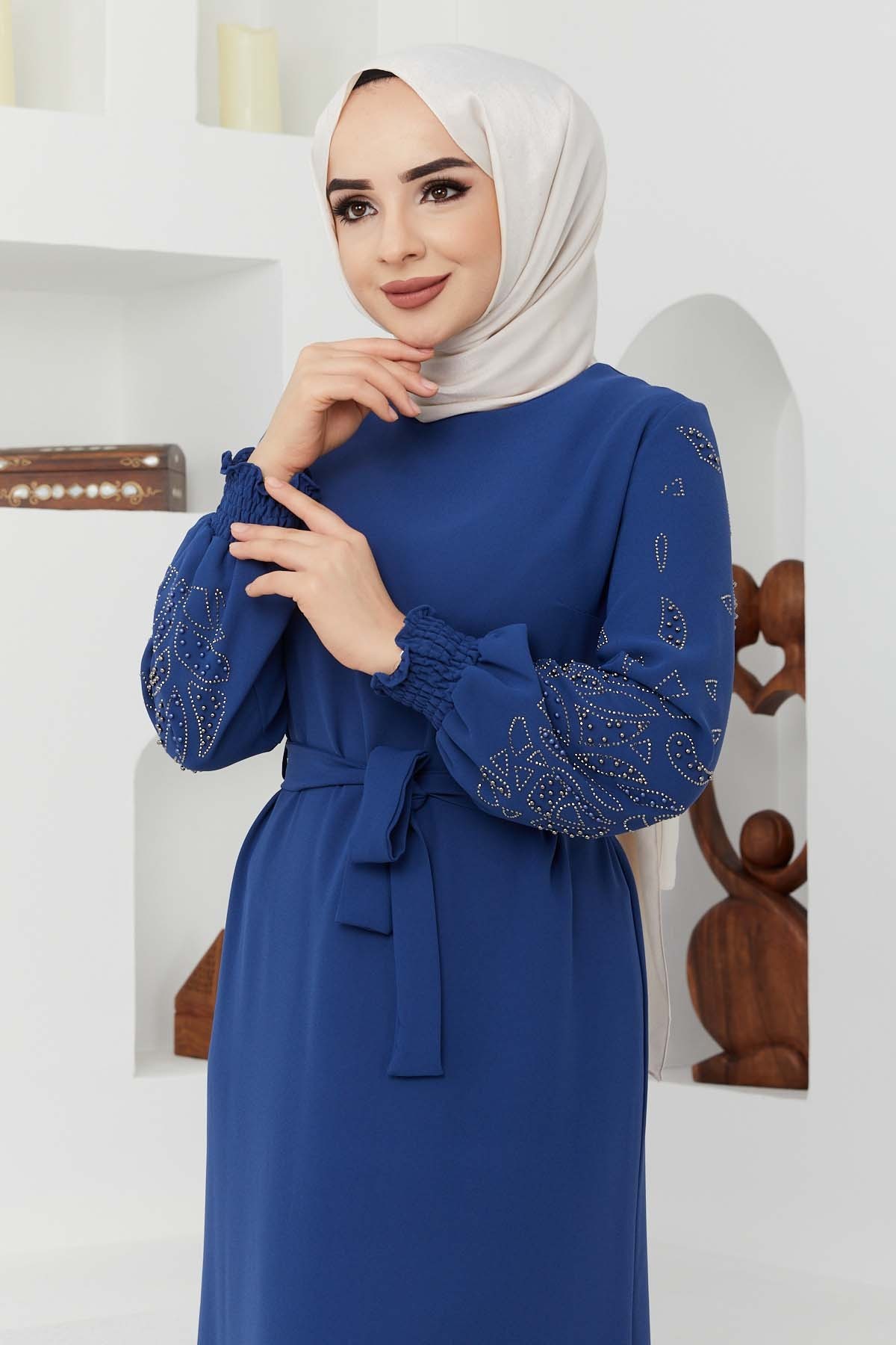 Ecrin Krep Elbise - İndigo