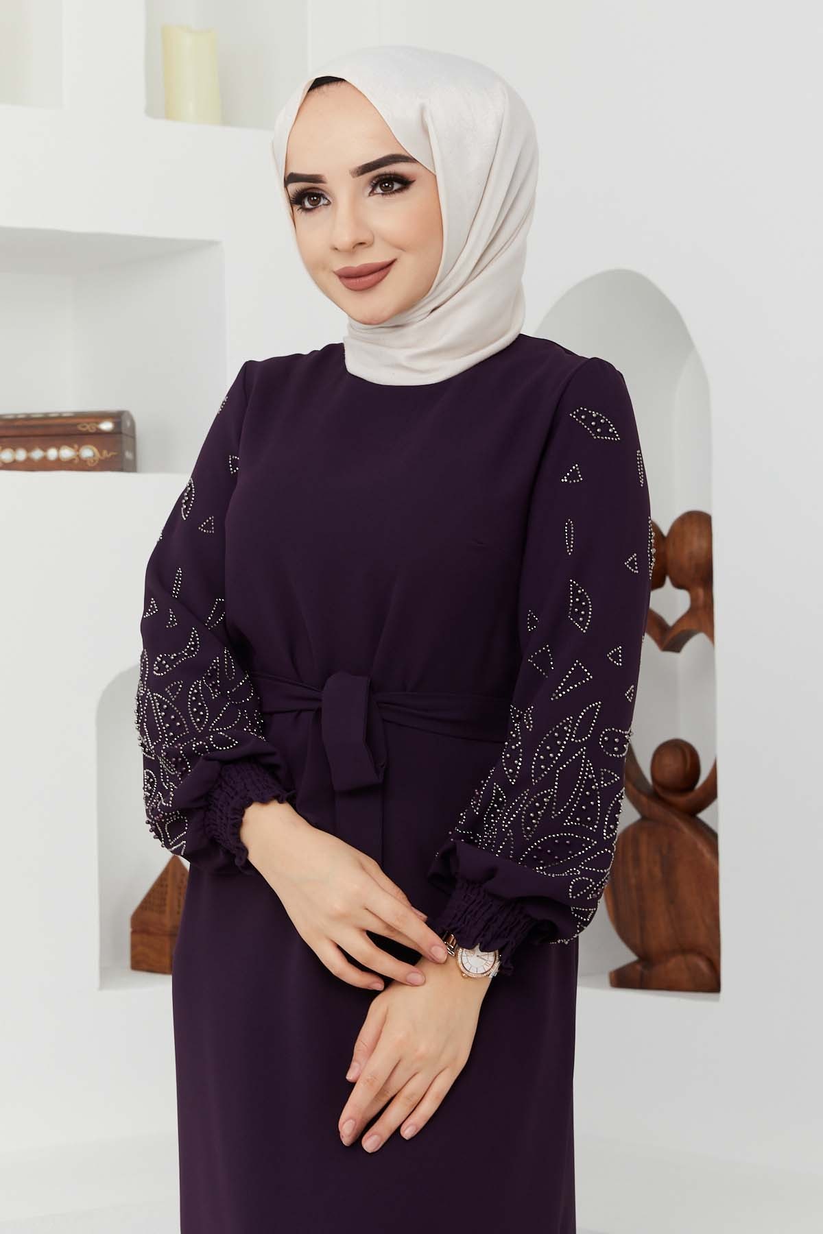 Ecrin Krep Elbise - Mürdüm