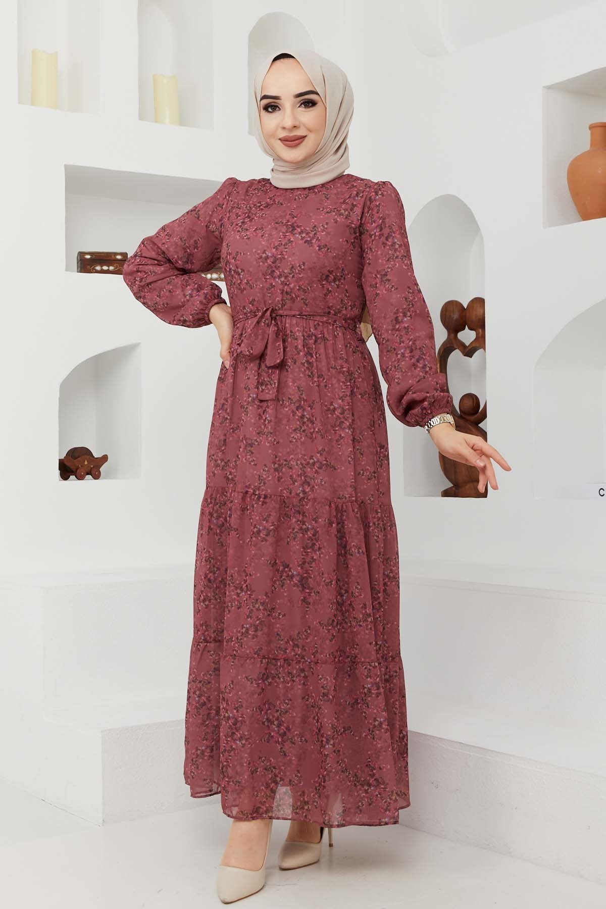 Çiçek Şifon Elbise - Gül Kurusu