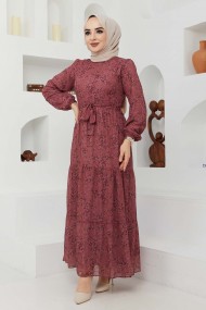 Çiçek Şifon Elbise - Gül Kurusu