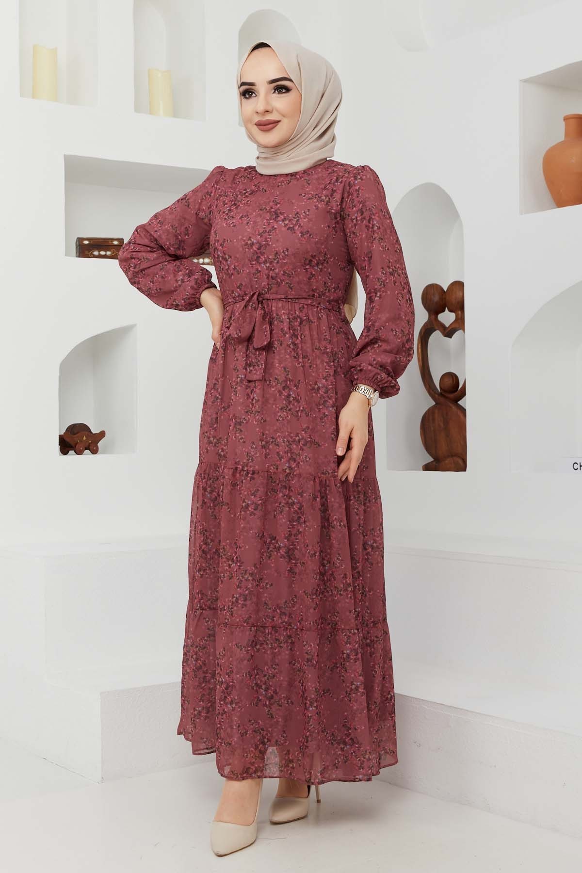 Çiçek Şifon Elbise - Gül Kurusu