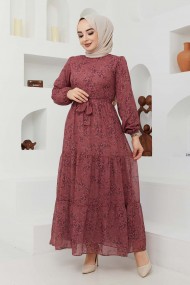 Çiçek Şifon Elbise - Gül Kurusu