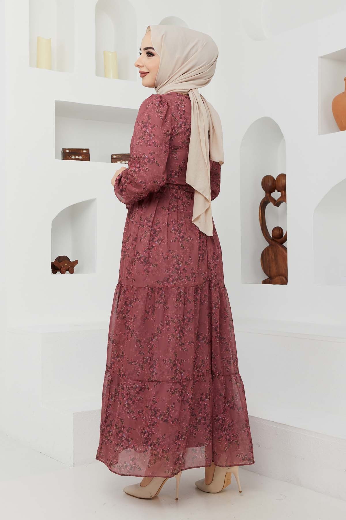 Çiçek Şifon Elbise - Gül Kurusu