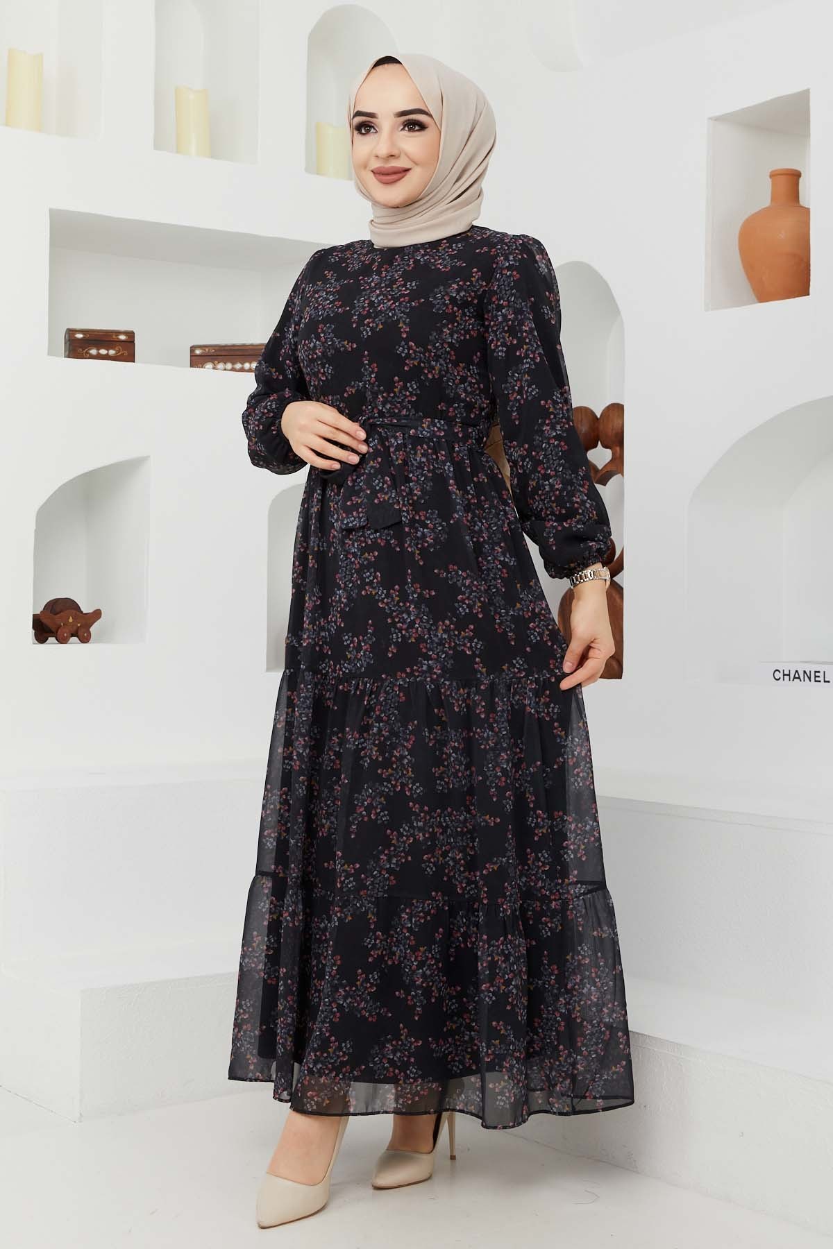Çiçek Şifon Elbise - Siyah