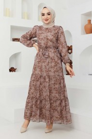 Çiçek Şifon Elbise - Bej