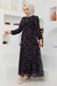 Çiçek Şifon Elbise - Siyah