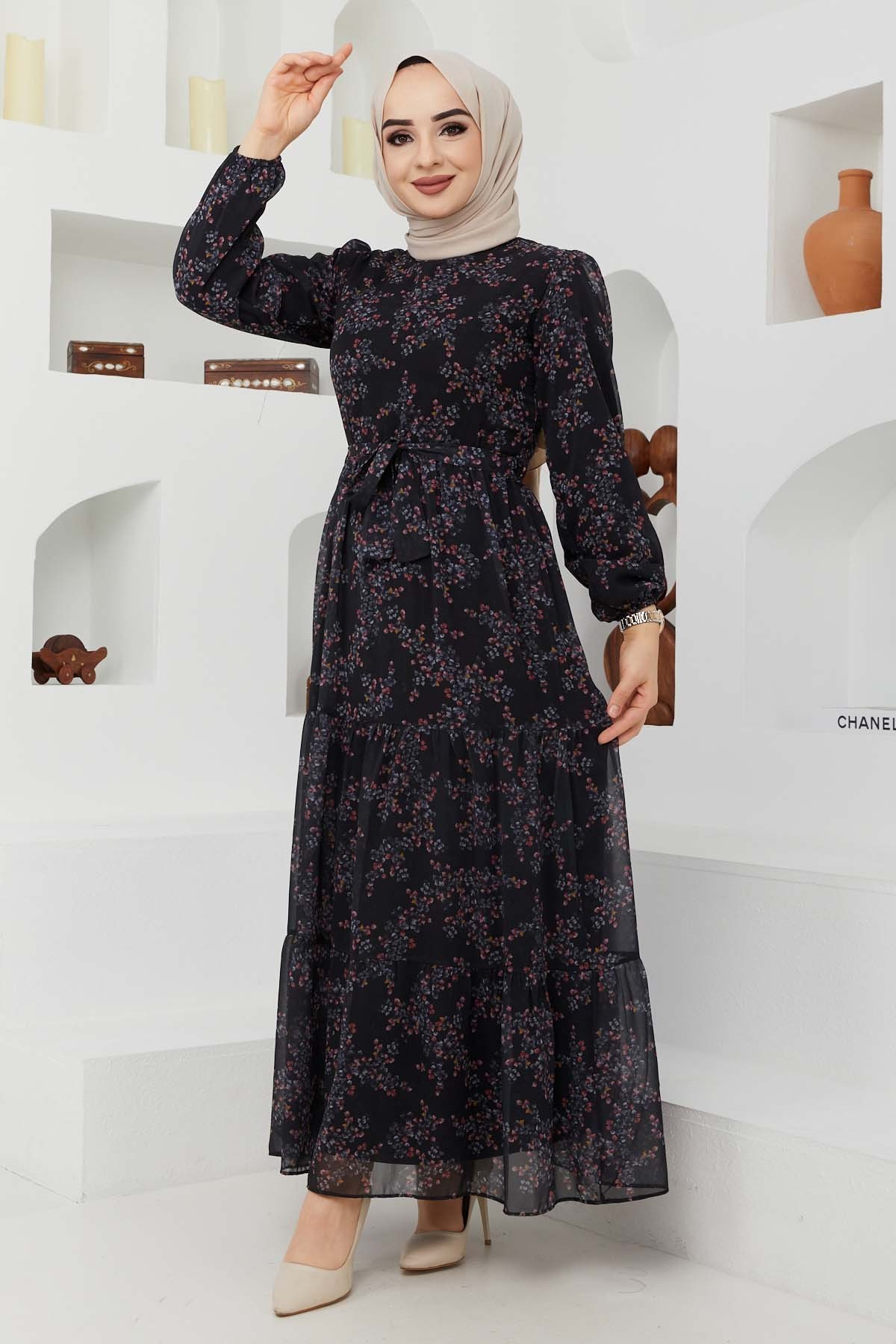 Çiçek Şifon Elbise - Siyah