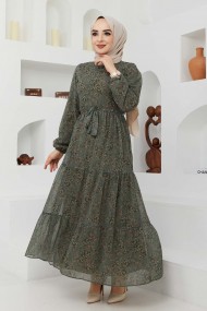 Çiçek Şifon Elbise - Haki