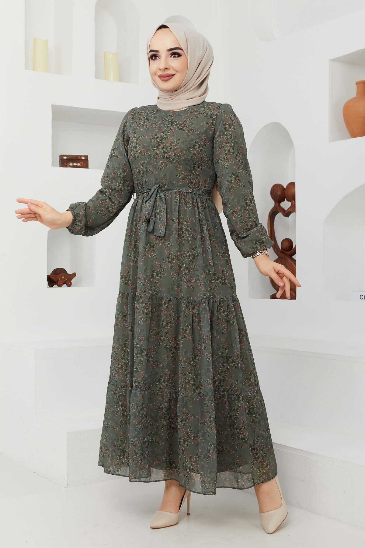 Çiçek Şifon Elbise - Haki