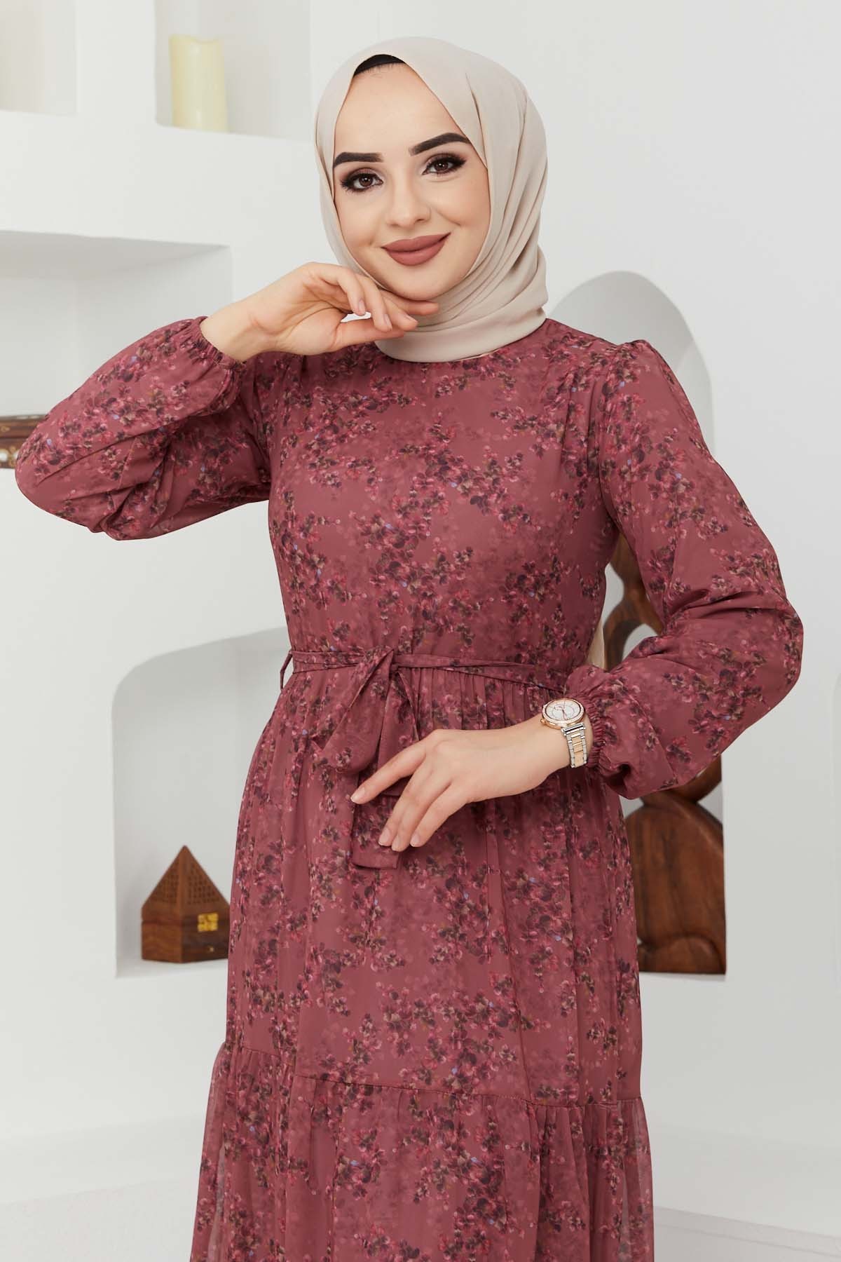 Çiçek Şifon Elbise - Gül Kurusu