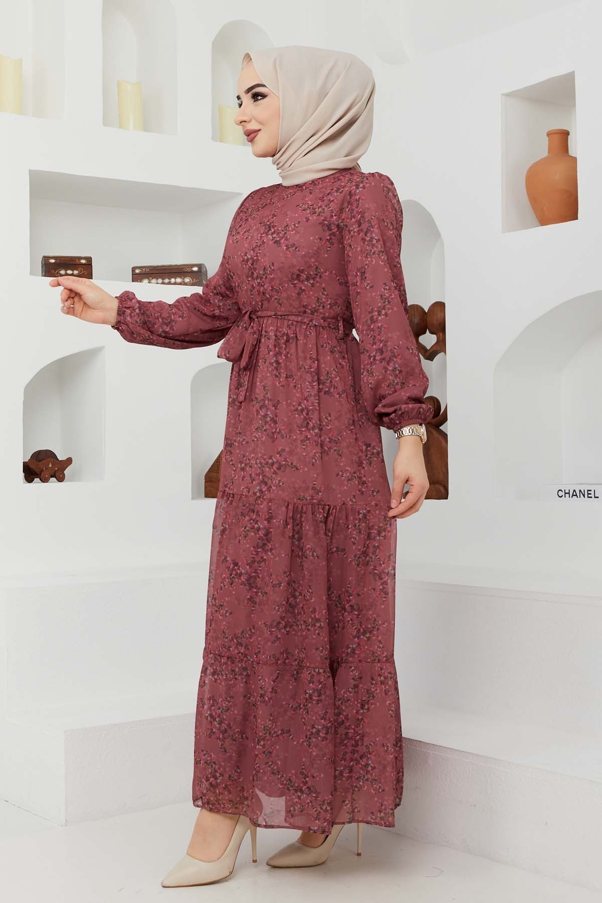 Çiçek Şifon Elbise - Gül Kurusu