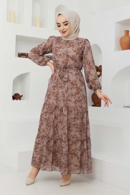 Çiçek Şifon Elbise - Bej