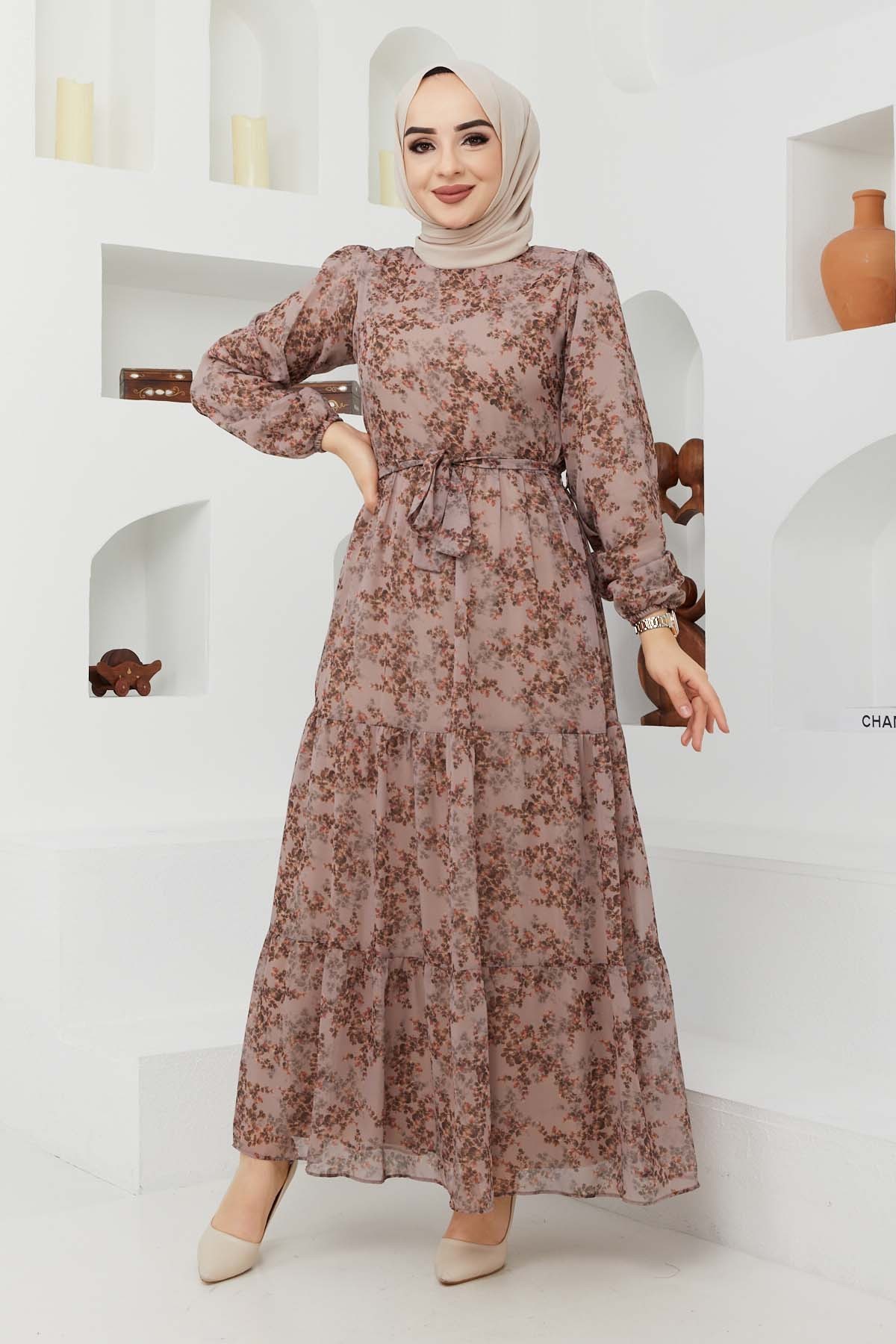 Çiçek Şifon Elbise - Bej