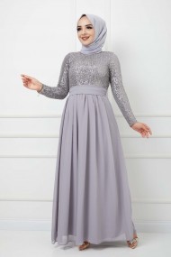 Üstü Pullu Abiye - Gri