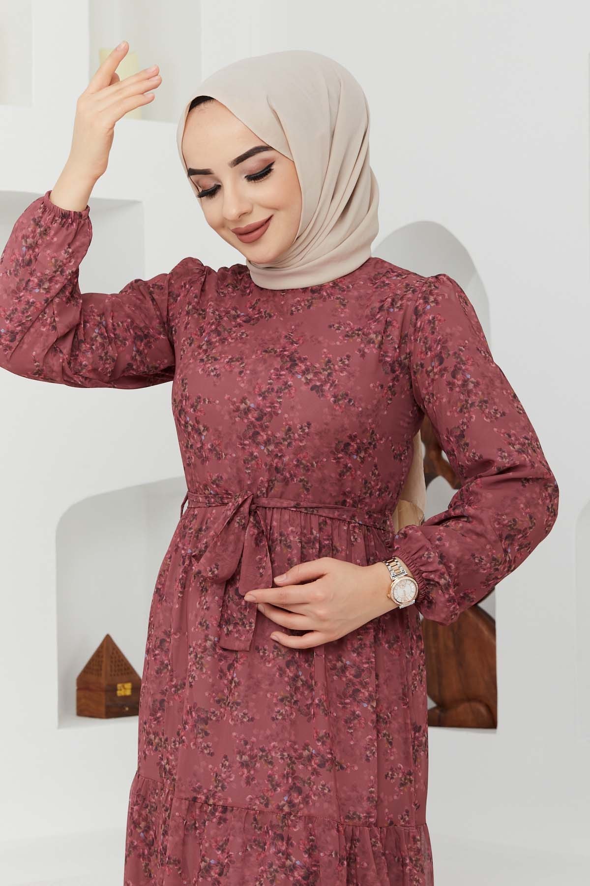 Çiçek Şifon Elbise - Gül Kurusu