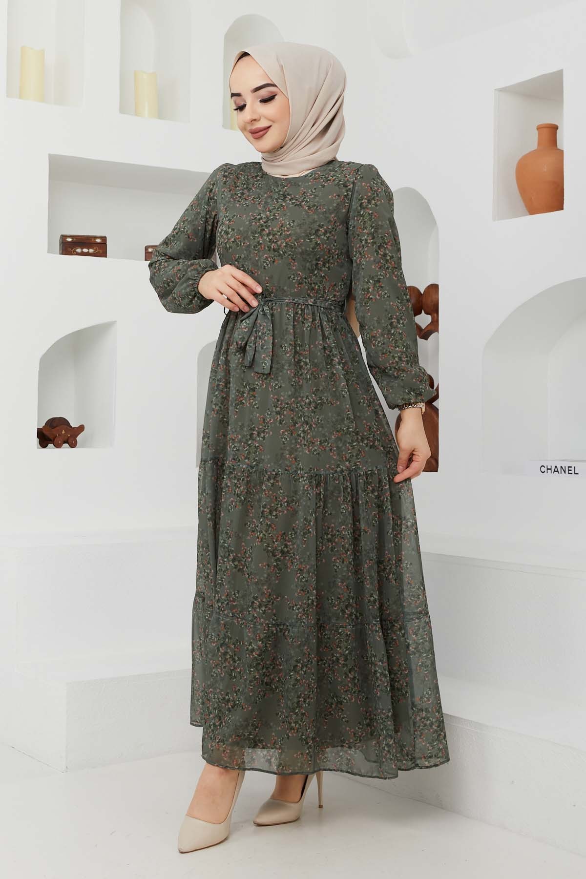 Çiçek Şifon Elbise - Haki