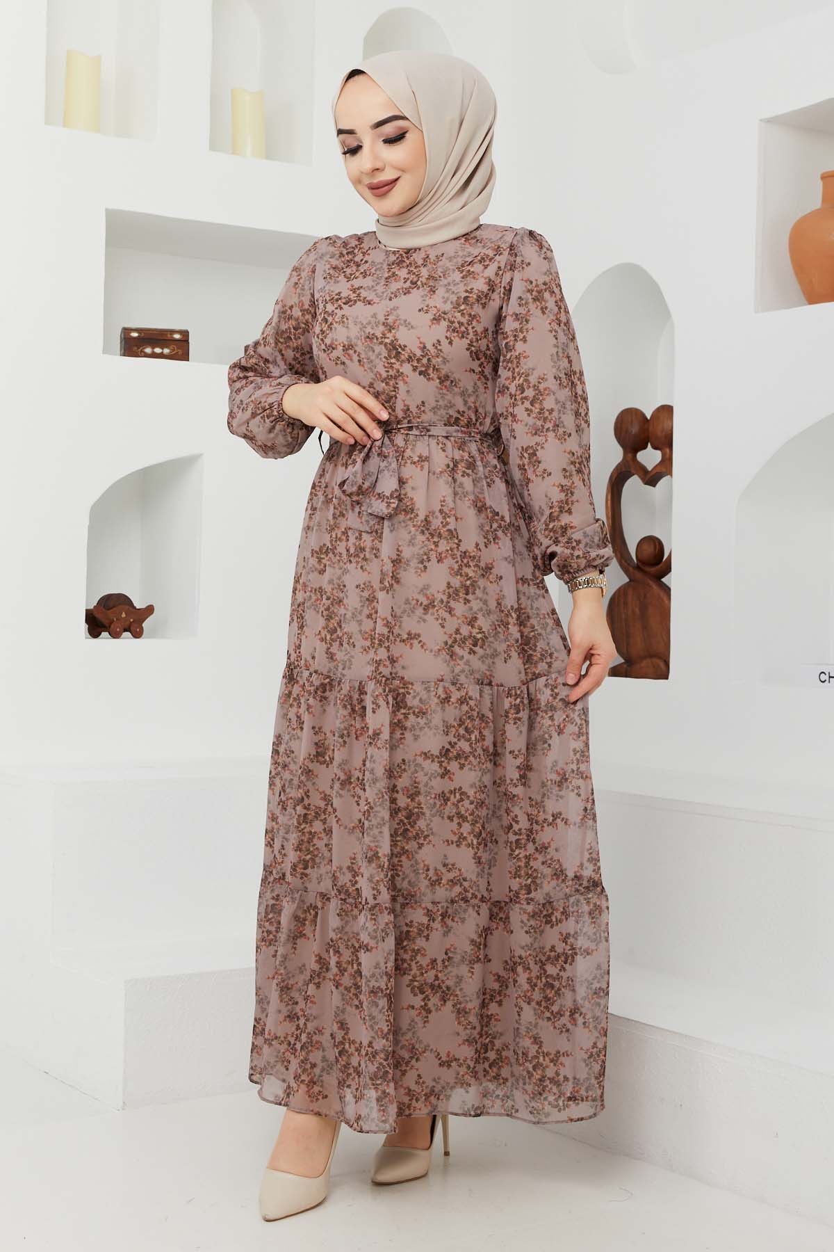 Çiçek Şifon Elbise - Bej