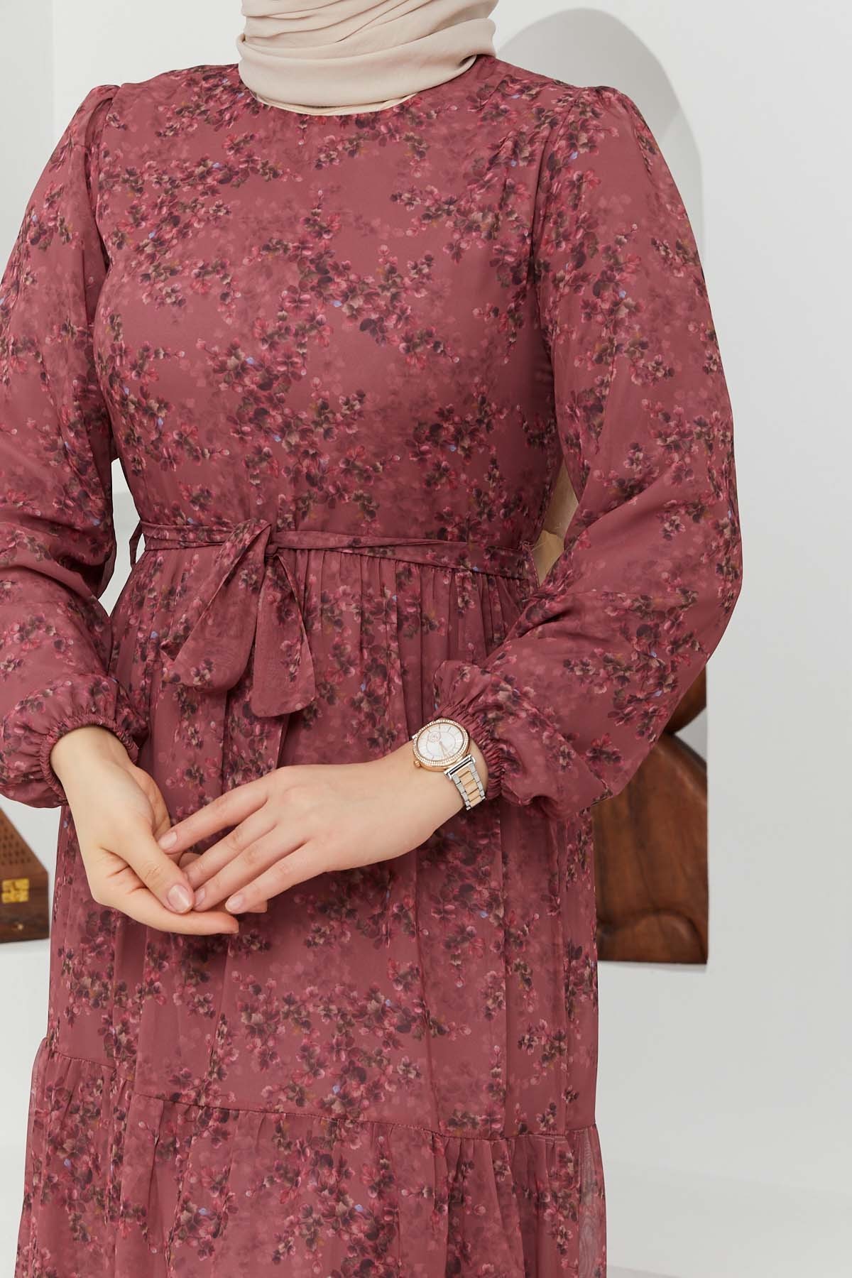 Çiçek Şifon Elbise - Gül Kurusu