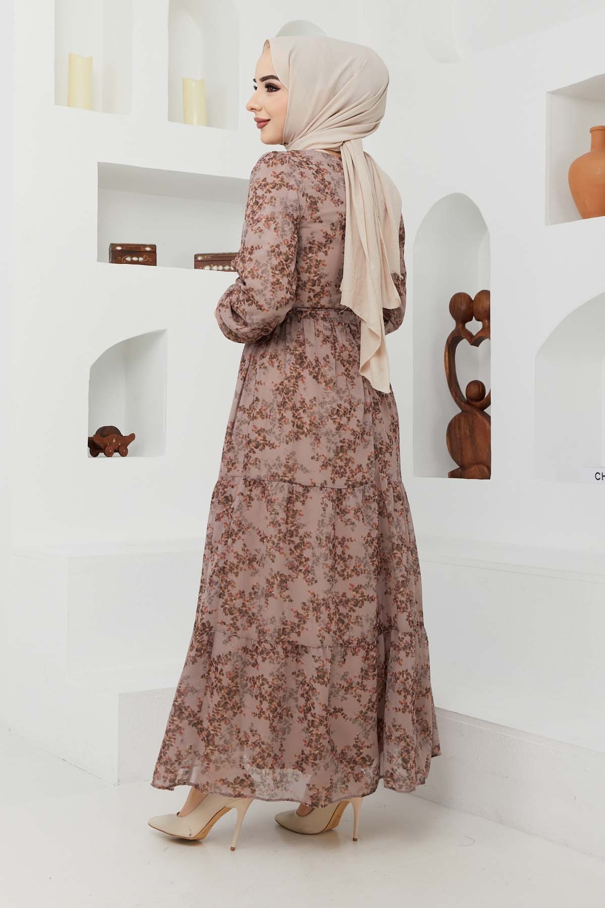 Çiçek Şifon Elbise - Bej