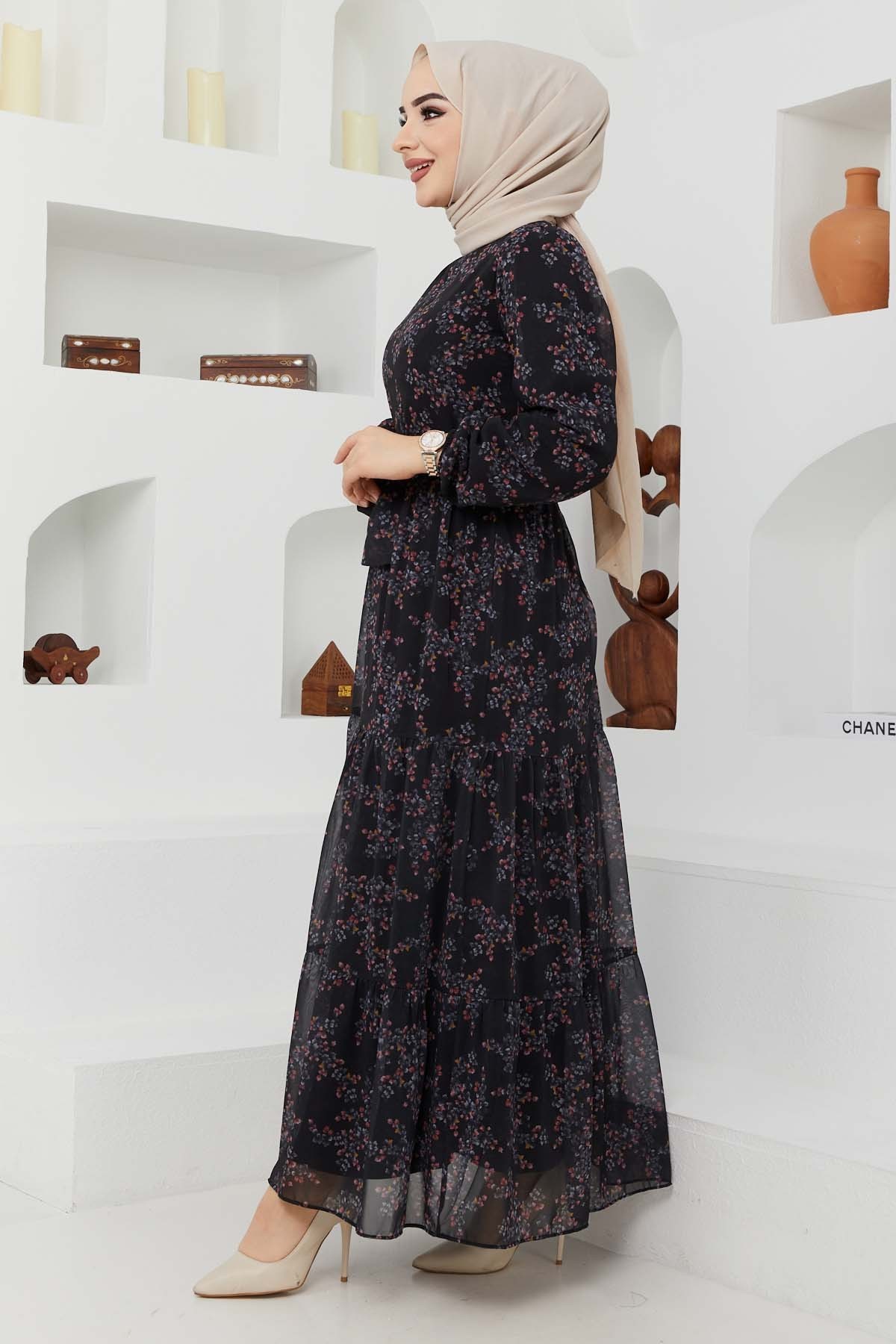 Çiçek Şifon Elbise - Siyah