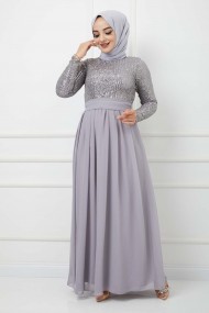 Üstü Pullu Abiye - Gri