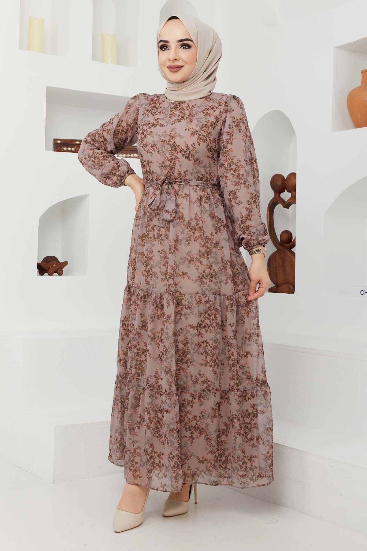 Çiçek Şifon Elbise - Bej