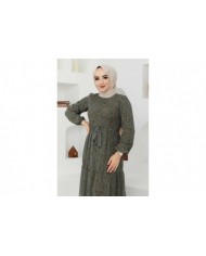 Çiçek Şifon Elbise - Haki