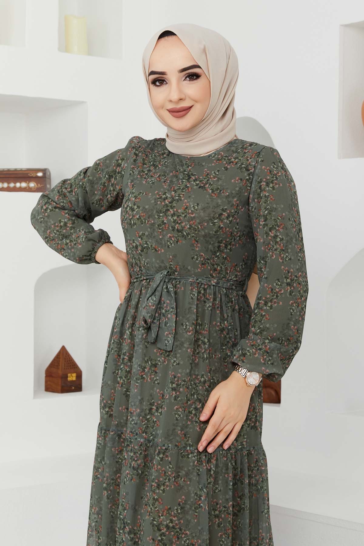 Çiçek Şifon Elbise - Haki
