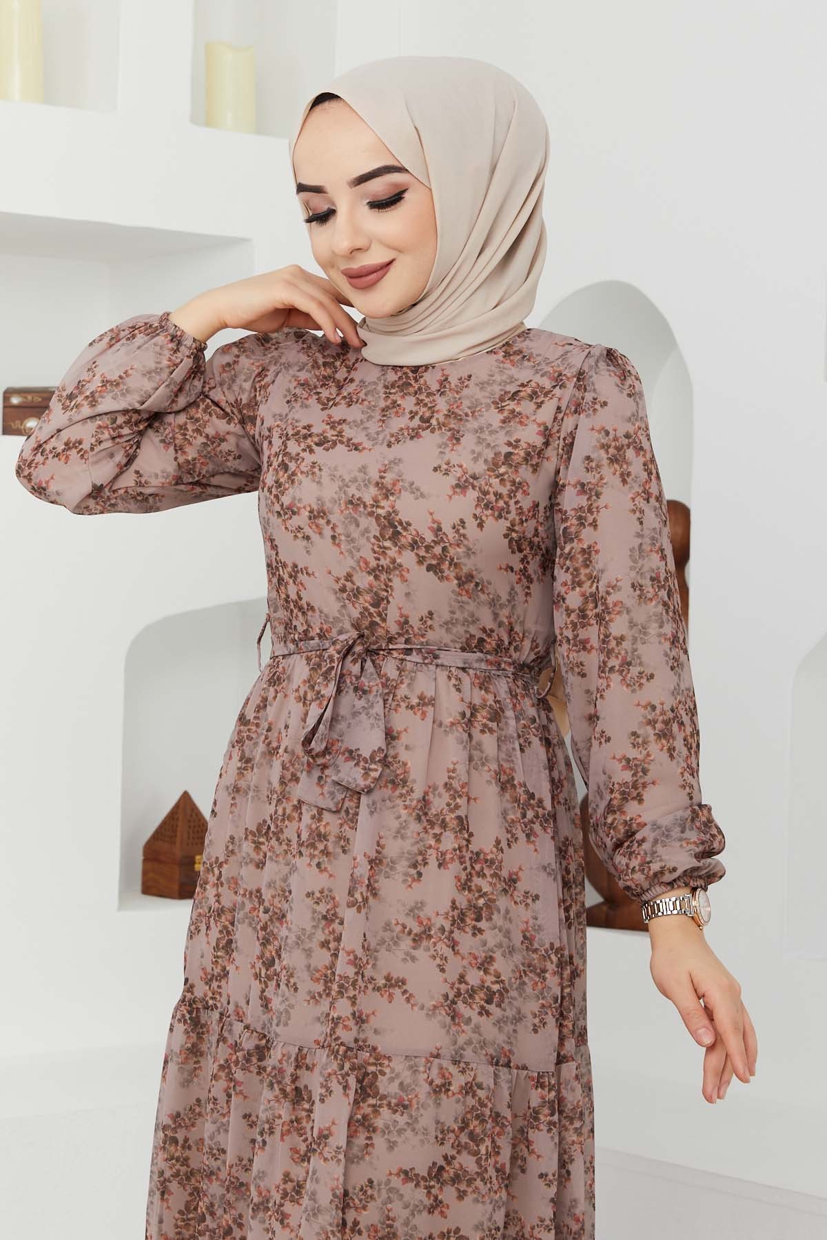 Çiçek Şifon Elbise - Bej