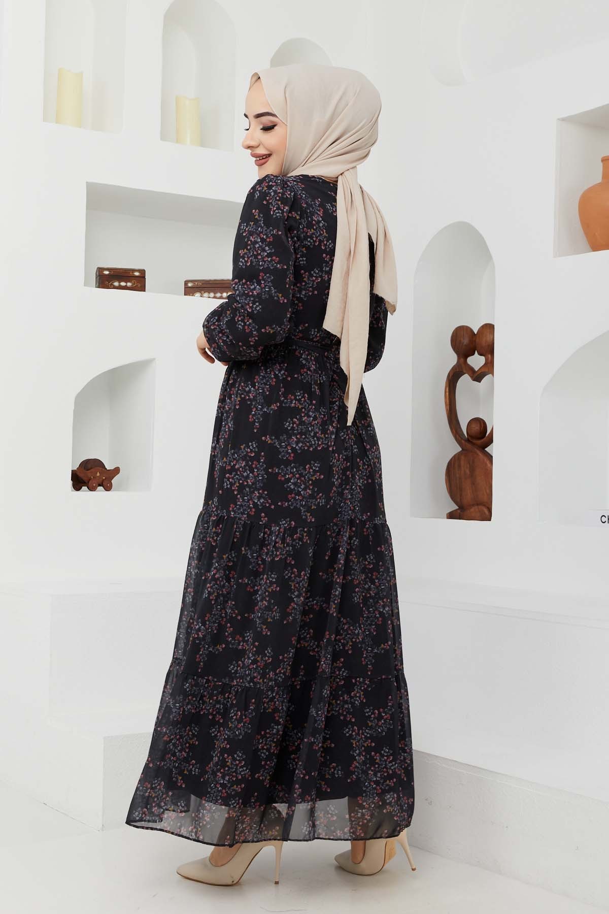 Çiçek Şifon Elbise - Siyah