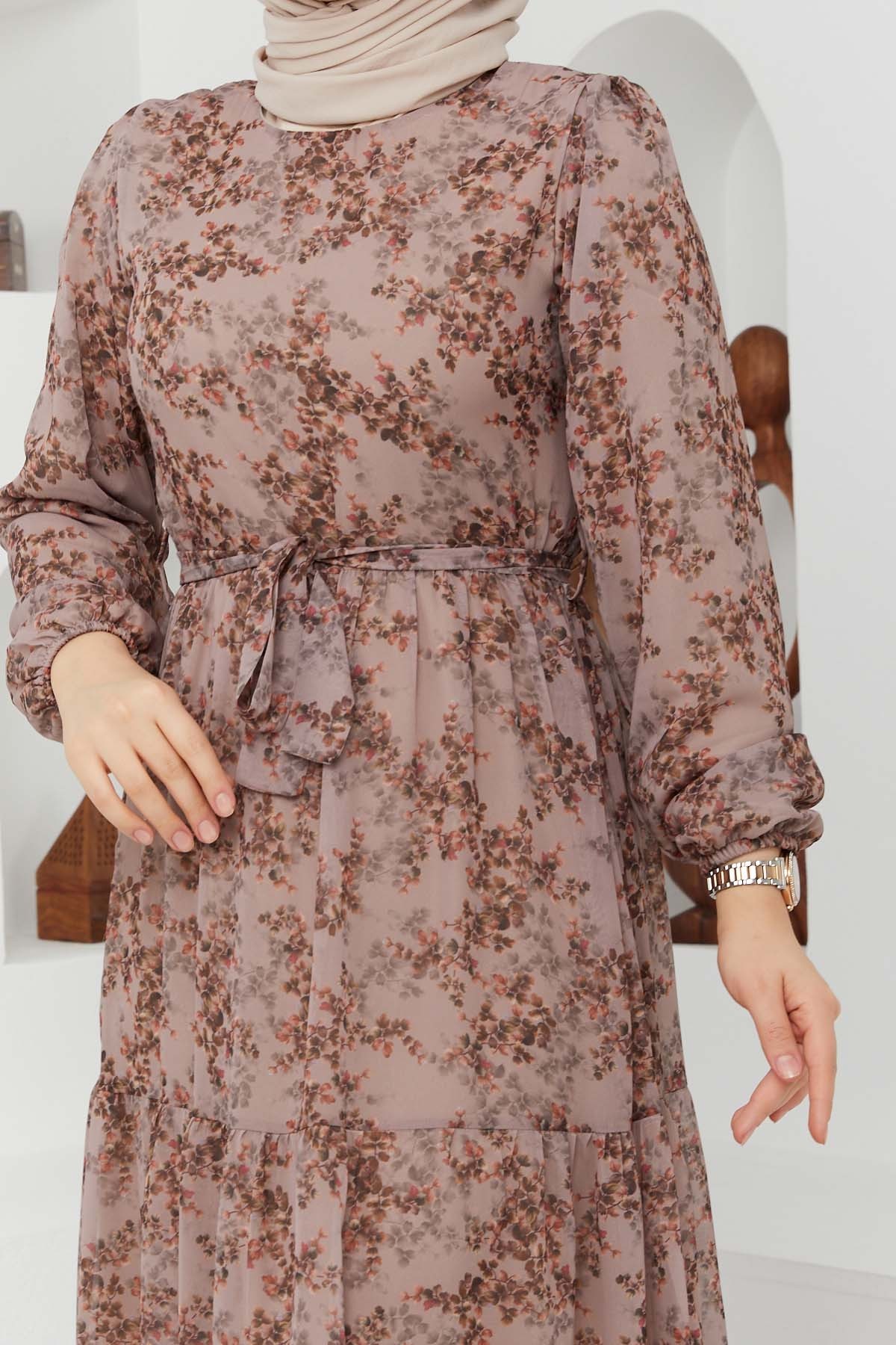 Çiçek Şifon Elbise - Bej