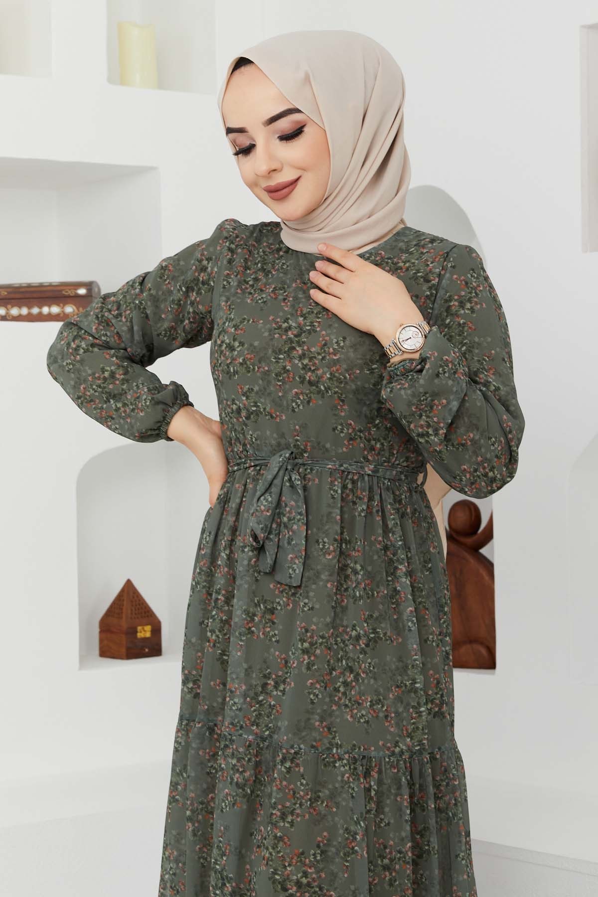 Çiçek Şifon Elbise - Haki