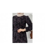 Çiçek Şifon Elbise - Siyah