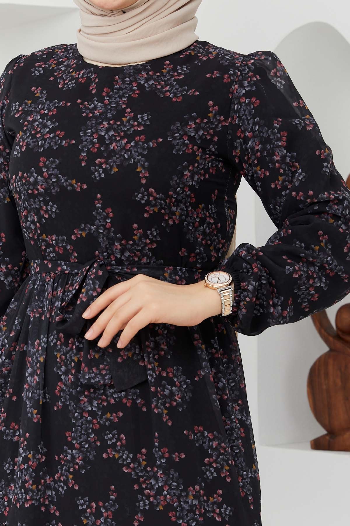 Çiçek Şifon Elbise - Siyah