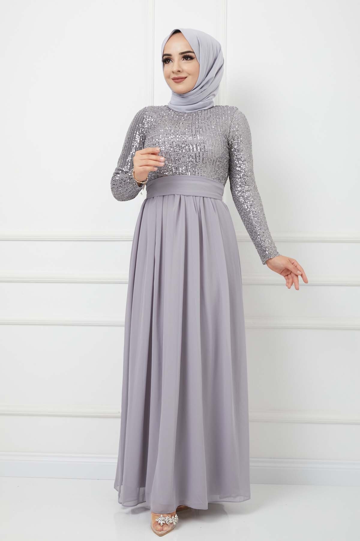 Üstü Pullu Abiye - Gri