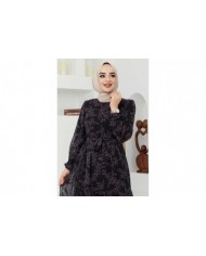 Çiçek Şifon Elbise - Siyah